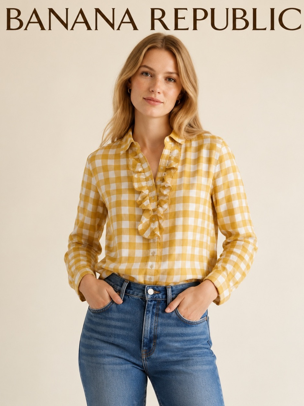 Banana Republic Gingham Ruffle Button Shirt Small Mustard Yellow Cottagecore